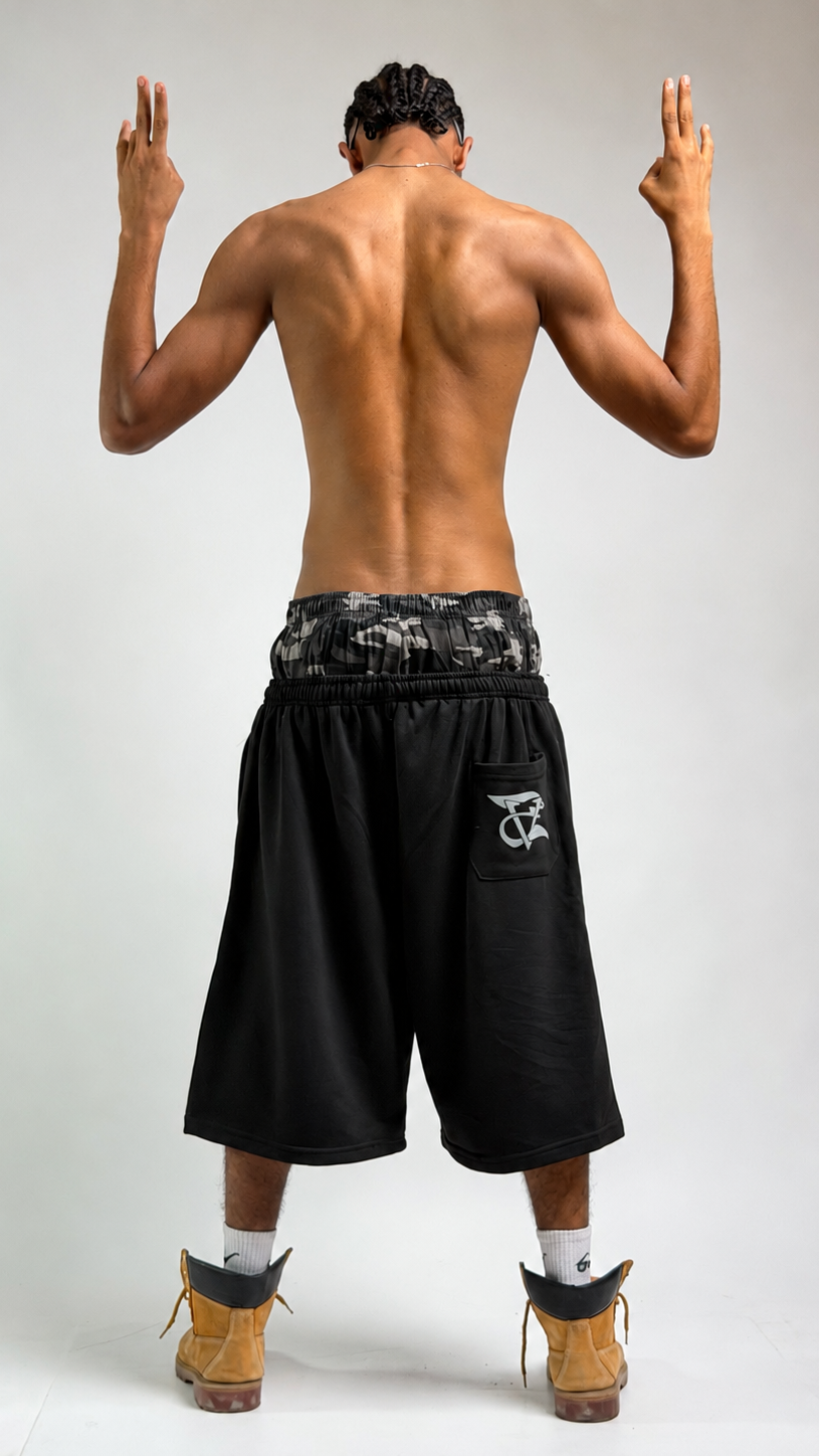 Camo Double Waist       Jorts -Black