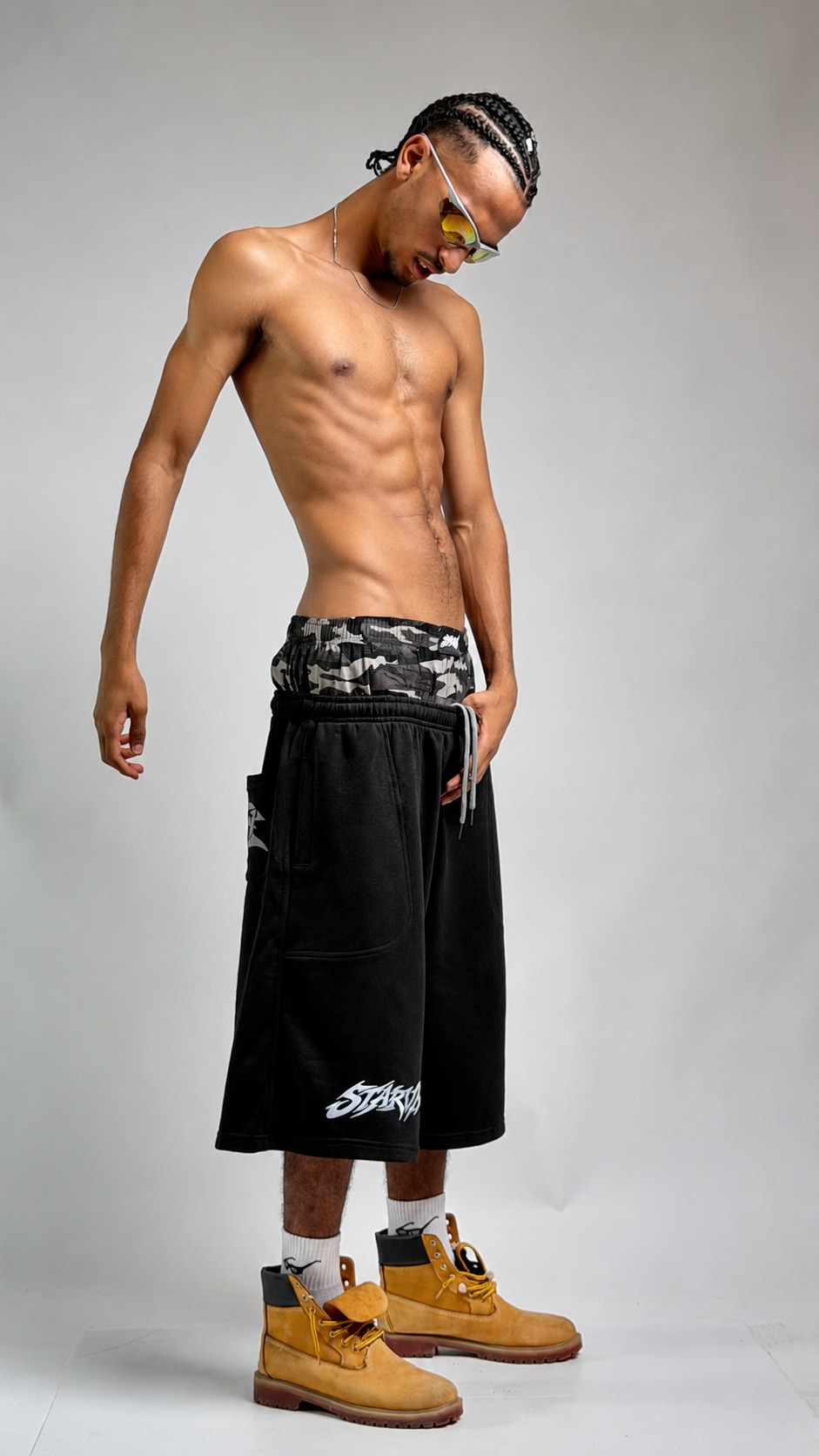 Camo Double Waist       Jorts -Black