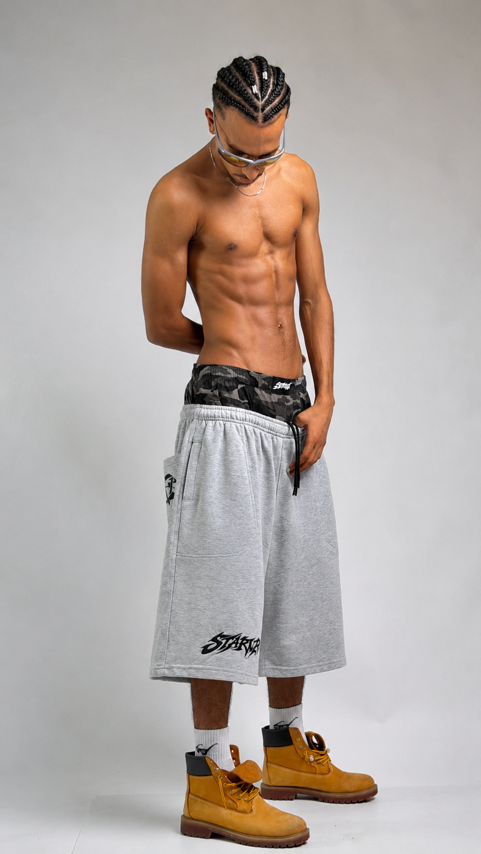 Camo Double Waist       Jorts -Gray